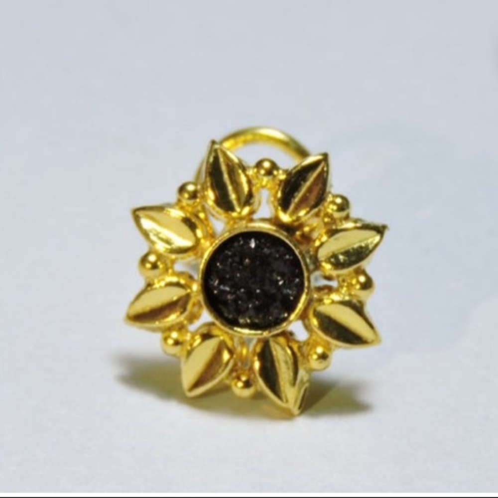 🌕🌙🔮🛍️🎁24KT Gold Moon/Sunburst Natural Black Druzy Gemstone Earring